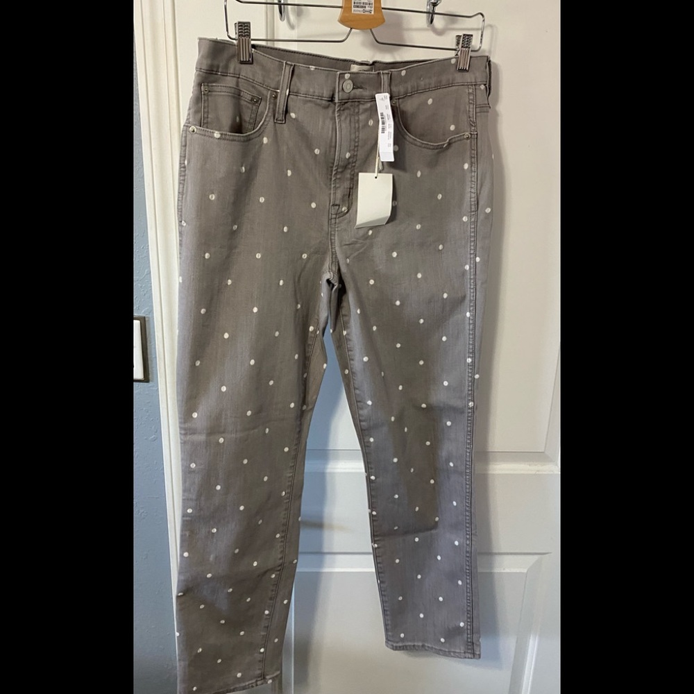 J. Crew denim light grey white polka dots size 31 tall, NWT